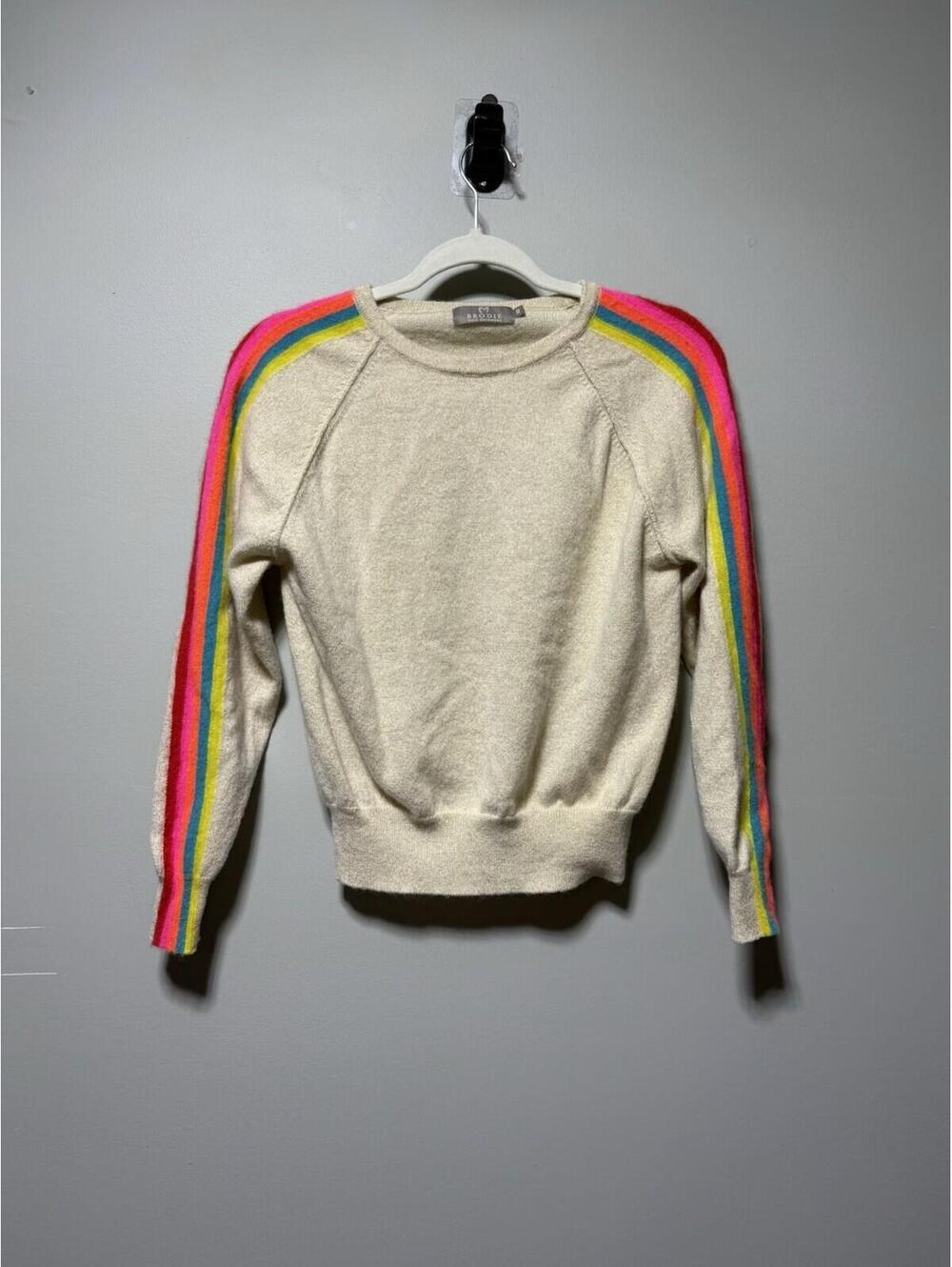 Brodie 100% Cashmere Rainbow Stripe Sleeve Crew Neck Sweater Beige Cream XS